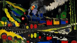 A train near lava lakes painted by Wassily Kandinsky