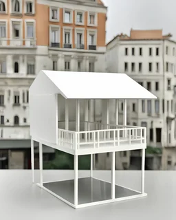 Inspired by Bruno Munari, Benetton, gestalt theory, geometry of Castel del Monte, metamodernism. Sophisticated brutalist porcelain miniature sculpture of vacant and empty street commercial walk-in kiosk on legs, circa 2000, in a contemporary urban art gallery context, 7 x 17 cm, silver ratio proportions, semi-height wide shop windows and door, small square window for cash in facade, flat roof, one-story, one-room.