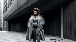 Woman with a bold, curvy design nestled in a drab, grey urban environment
