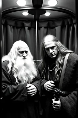 Gandalf and Aragorn taking series of BW photos inside photo booth.