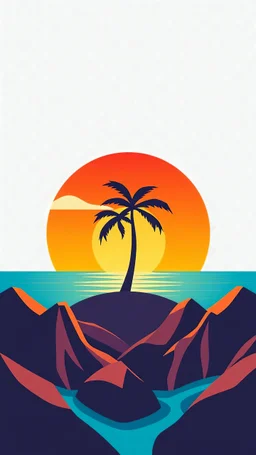 Logo style (Minimalist art of Stylized minimalist glossy art of pastal map of a stylish, sunset with palm tree displayed, vibrant colors, flat GLOSSY perspective, stylized pastal mountains, stylized bodies of water, stylized sea water, simple shapes, stylized clouds, vibrant and detailed colors, soft lighting, digital art style, detailed terrain, simplified architecture, flat design .) white background