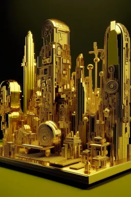 A gold metropolis with EDM instrument shaped buildings designed in Moai statues painted by Gustav Klimt