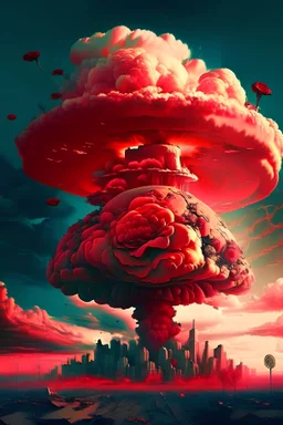 Небо, облака, Ядерный гриб взрыв, разрушенный город, армагедон красные розы.