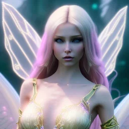 beautiful fairy very etheric, nice smiling, long blond hair, magic glamour pink make up, delicate colors, complete vision of very transparent and big wings, beautiful glamour transparent dress, ultra sharp focus, 8k, unreal engine 5, extremely sharp detail, light effect, soft light atmosphere, smooth, full of details, face in front, complete vision of face and hair and of the body