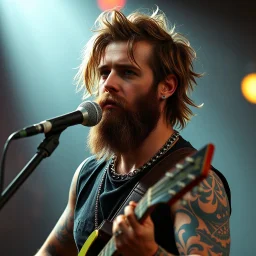 short haired bearded rockstar human bard 80s fantasy