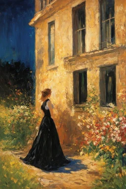 Night, vegetations, flowers, one woman, house, distant buildings, charles leickert, and berthe morisot paintings