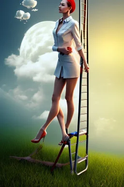 dressed woman on the ladder above clouds