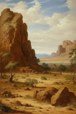 A brown savanna with block shaped rocks painted by Albrecht Durer