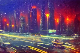 Night, futuristic buildings near trees, highway, people, sci-fi, realistic vision, impressionism painting