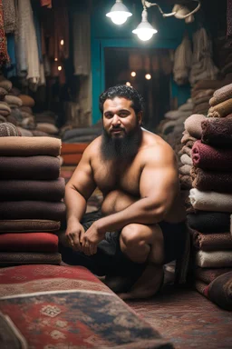 close up photography of a burly chubby muscular strong 34-year-old marocan man in Istanbul bazaar, shirtless, long beard, selling carpets sitting on a pile of carpets, big shoulders, manly chest, very hairy, side light, view from the ground