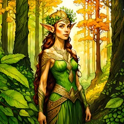 create an oil and watercolor full body portrait of a forest elf enchantress fantasy art character, with highly detailed, sharply lined facial features, in the deep forest of Brokilon , finely inked, soft autumnal colors, 4k in the style of Maxfield Parrish