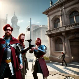 Three charlatans with red hair taking a selfie, outside city guild hall, magic, spellcasting, medieval armor,fantasy adventure, photorealistic, pristine,