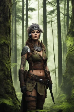 [Endor, tattooed woman warrior] From her perch high upon the leaf-whispering bough, Afrey's keen gaze scans each flickering shadow between the tree trunks below. All seems calm within the Ewok city — for now. But she has stood too long as a people's last defense not to know well that peace oft comes dressed in danger's guise. In the dim glow filtering through foliage, those swirls and knots inked upon her skin ripple subtly with each shift. Great serpents and ravens in their inexorable dance, cr