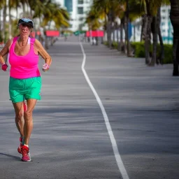  old Sonia Lombardi running a marathon on Miami beach, full body, about to cross the finish line, photo realistic, 8k, realism