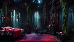 A gritty, full-body shot of an insatiably evil black opal iridescent pearlescent dark witchy bamboo island bedroom with furniture made of branches, crimson marble, flowers and ivy hanging from marble bamboo columns, colorful macabre, Dariusz Zawadzki art style, liminal spaces, horror art, dark gaming background, wet, glossy, horror art, trypophobia, eerie, intricate details, HDR, beautifully shot, hyperrealistic, sharp focus, back lit, 64 megapixels, perfect composition, high contrast, cinematic