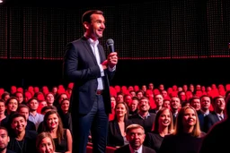 The photograph is of a speaker standing on stage in front of a large audience. The speaker appears confident and excited to speak in front of the audience. The speaker is shown dressed in formal attire and holding a microphone.