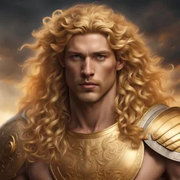 In the golden era of ancient Greece, we find ourselves captivated by a strikingly beautiful young male warrior. His flowing golden locks and piercing gaze demand our attention, while his resplendent lion-inspired armor, adorned in pure gold, adds an air of fantastical allure. An intricately designed, mythical sword and a shield of the same ethereal quality complete his awe-inspiring ensemble. Draped in a regal red cloak, the young warrior exudes a sense of power and majesty from every pore. This