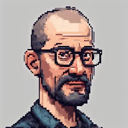 Pixel art. A portrait of an 50 year old balding man with round glasses, dark hair and a stubble beard. Hair color dark. Narrow nose. Shoulders high. White background. Style pixel art.