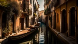 narrow Venetian canal with boats and buildings in the background, dappled lighting