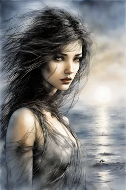 Hyper-photorealistic watercolor art style by Luis Royo & Stephan Martiniere, Surreal fine art etching of a figure by Luis Royo, tanned skin inscribed with the transient story of mortality, ethereal light playing with its form whispering tales of an eternal realm, eyes, black as the depths of the night, ardently pinand looking towards the endless skies, of black hair mirroring the mystery of the cosmos around, whole scene tinged with an ethereal softness from volumetric lighting, hues gr,