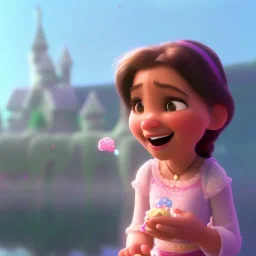 cute, adorable, smileing girl eating ice cream, candies flying all around her, Pixar, disney, cinema lighting, gaming, 8k, magic, love --q 1 --v 4