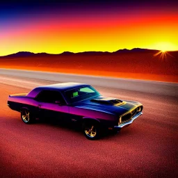 muscle car, desert road, sunset, full colour