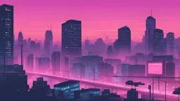 Create a high-resolution, widescreen format vector illustration of a city at dusk in a synthwave, vaporwave style with a city pop aesthetic. The image should have a dreamy, city-pop, pastel pink aesthetic. Focus on using pastel, gentle pink colors. Use a modern anime style and illustration style that is an anime style of the early 2000s so that it has a nostalgic feel. The image should have a fun, delightful city pop aesthetic. The image should have a cartoon-like, city pop appearance.