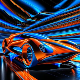 award winning car and driver photograph of a futuristic station wagon designed by only one vehicle per image painted metallic orange traveling at a high rate of speed, jet intake off of front center of vehicle and jet exhaust out the rear with bright blue flame, bilaterally symetrical, more a high speed road vehicle