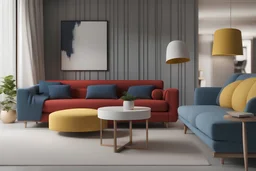 a modern simple style living room,a red coffee table,a blue sofa , a yellow chair,vray render,8k