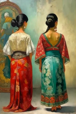 2 mexican woman painting neoclassism standing from the back whole body zoom out