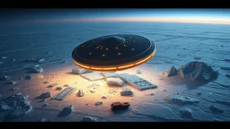 A ufo starship crashed in an aerial view of a landscape made of ice that looks futuristic with futuristic lighting, horizon, realistic rendering