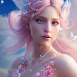 cheerful fairy, pink, blonde hair, beautiful, whole face, whole top hair head, wide open blue eyes, transparent wings onn the back, hyperrealism, masterpiece, expert, cinematic lighting, sharp focus, 8K, pastel, macro lens, woman, detailed, flower