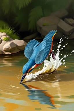 An Audubon-inspired painting of a kingfisher diving into a river, with realistic water splashes and detailed plumage, set against a lush riverside environment.