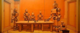 A light rosy orange robot workshop painted by Leonardo da Vinci