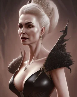 old evil queen in black leather gown, femme fatale, volouptous, busty, cleavage, angry, emperious, 8k resolution concept art portrait by Greg Rutkowski,