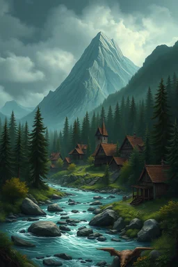 Dungeons and dragons land of Goliath’s. Deep forest village that sits at the foot of a mountain, luscious greenery and beautiful rushing waters, Erie undertone to forest that holds light and dark secrets, magic permeating the air. Whimsical and kind of dark