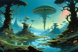 looking out over a lake, in an alien forest, flying mushrooms with jellyfish tenacles formed into gnarled trunks, Roger Dean