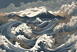 In style of Hokusai's Great Wave off Kanagawa. He marches out in the whirlwind and raging storm; dark storm clouds billow like dust under his feet. He shouts a battle cry against the sea and makes it dry up; he makes all the rivers run dry. the blossom of Lebanon withers. The mountains tremble before him, the hills convulse; His wrath is poured out like volcanic fire, boulders are broken up as he approaches.