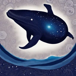 Create an image of a colossal, surreal whale dominating the foreground, blending into a starry night. The whale itself is a deep, cosmic blue with celestial bodies and stardust spiraling within it, suggesting a galaxy. It features intricate patterns and textures that reminisce the surface of a planet. The galaxy is alive with motion, reflecting the light of a super star (blue) that glimmers. The transition is seamless, symbolizing a cosmic fusion of whale and space, hinting at the vast and myste