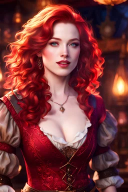 gorgeous female bard, detailed eyes, singing, pale skin, carefree expression, red wavy shoulder length hair, detailed glowing magical pattern adventurer clothing, glowing ruby implanted on clothes, 8k, high detail, tavern stage background, singing, medieval, looking at viewer, front facing