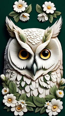 realistic portrait of owl head made from a lot of beautiful white beautiful flowers pale colors smooth contrast, dark green background