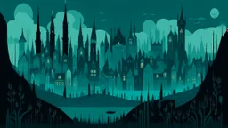 A dark teal district in the shadows designed in medieval tapestry