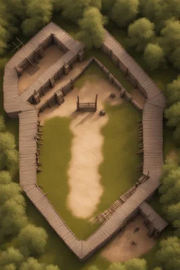 medieval fighting tournment arena into the woods from above