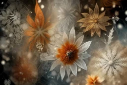 snowflakes, flowers, blur 5%, double exposure, merged layers, silver glitters, in the first part (near to us) of the picture you can see a plain sandblown smoked glass, engraved with a folk art pattern, the glass is cracked in several places, in some places the glass is broken, crumpled burlap, through it you can see a tropical rainforest with a waterfall, mist, tooth, sunrise