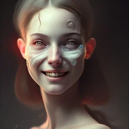 epic portrait of a beautiful girl with an unnaturally wide smile, horror smile, sharp focus, beautiful!, dewy skin, ethereal, painting, concept art, warm lighting, greg rutkowski