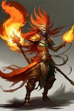 Air genasi from dnd with ashesen skin and asian flowing hair on head holding a Flaming spear in Monk attire with Fire giant symbolism more ash less fire