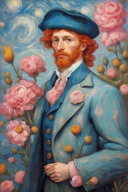kind sailor, man, red slightly curly hair, long jacket, pink-azure clothes, pink-azure cocked hat, white floral pattern on the jacket, a flower in the hair runs to the princess to protect her, Portrait of Van Gogh