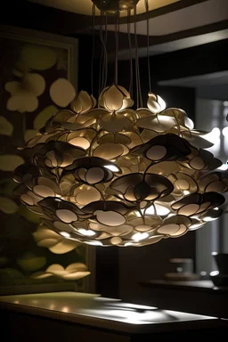 Hanging lampshade made out of mirrors that look like the petals of a flower