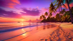 image featuring a serene, tropical beach at sunset. The scene should showcase a vibrant, colorful sky with hues of orange, pink, and purple. The beach should have pristine white sand, gently lapped by turquoise waves. Include a couple of palm trees swaying in the breeze, casting elongated shadows on the sand. The image should evoke a sense of tranquility and beauty, inviting viewers to imagine themselves basking in the peaceful ambiance of this idyllic tropical paradise