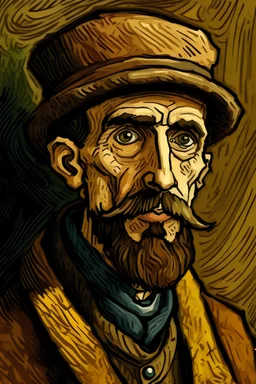 A very thin man wearing a brown galabiya with a heavy coat over it and a yellowish-white Arab hat. The man is short and has a medium-thick mustache and a beard with some shaved hair. Make the painting high-resolution and painted in oil colors in the style of Van Gogh, and another drawing in the style of a funny comic or the same style of drawing the novel The Good Soldier Švek by the writer Jaroslav Hašek.